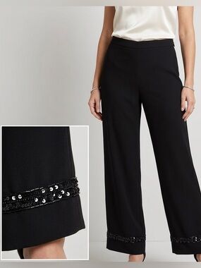 Additionelle Black Wide Leg Crop Pants Beaded Trim Hem Elastic Waist Dressy 1948